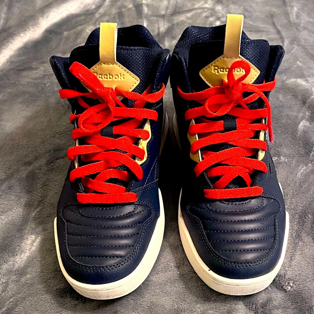 Reebok high top sneakers. Navy blue, gray, and red. Size 5.